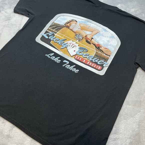 Lucky Beaver Bar & Burger Lake Tahoe Tee T-Shirt Mens L Black Short Sleeve - Picture 1 of 6